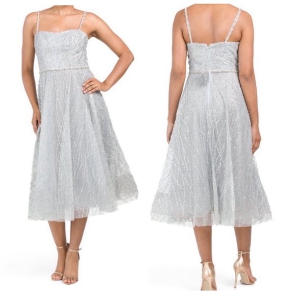 Marchesa Notte Silver Beaded Glitter Tulle Sparkling Tea Length Gown NWT - Picture 1 of 13